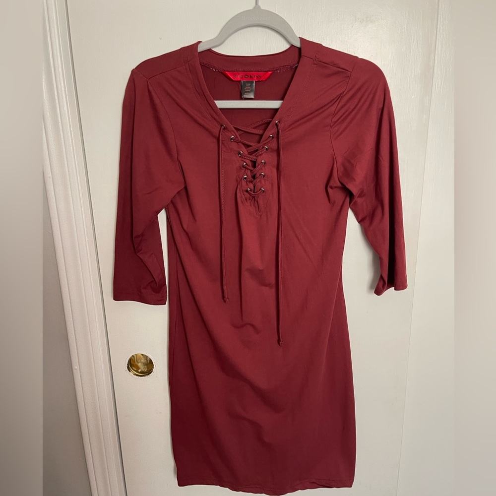 Hot Kiss | Lace Up Bodycon Midsleeve Dress Rust Maroon